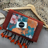 Orange Handloom Khadi Cotton Saree With Flower Print Blouse